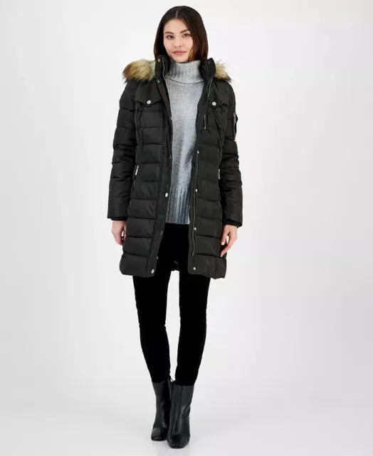 Michael Michael Kors Black Faux-Fur Hooded Puffer Coat B11214 Womens Size PXXL