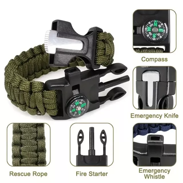 Paracord Survival Hiking Bracelet Fire Starter Compass Whistle, Cut Tactical NEW