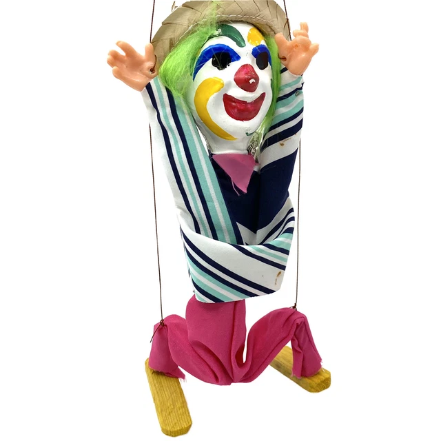 VINTAGE HANDMADE CLOWN Wooden String Puppet Mexican Folk Art