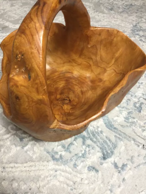 Burl Wood Basket Bowl Hand Carved Turned Tree Trunk Root Folk Boho Unique 11 inc 3