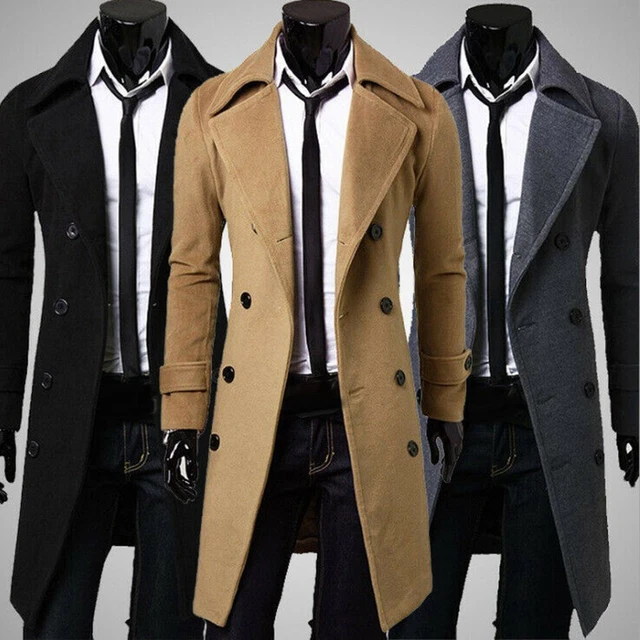 Men Double Breasted Trench Coat Winter Warm Long Jacket Overcoat Outwear Peacoat