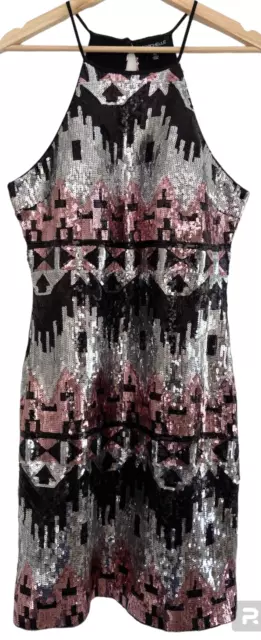 My Michelle Sequin Mini Dress Sz 13 Black Pink Silver Aztec Bodycon Party Event