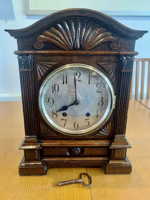 1910 Beautiful Antique Lenzkirch Very Large Mantel Clock Carved Solid Oak + Key 2