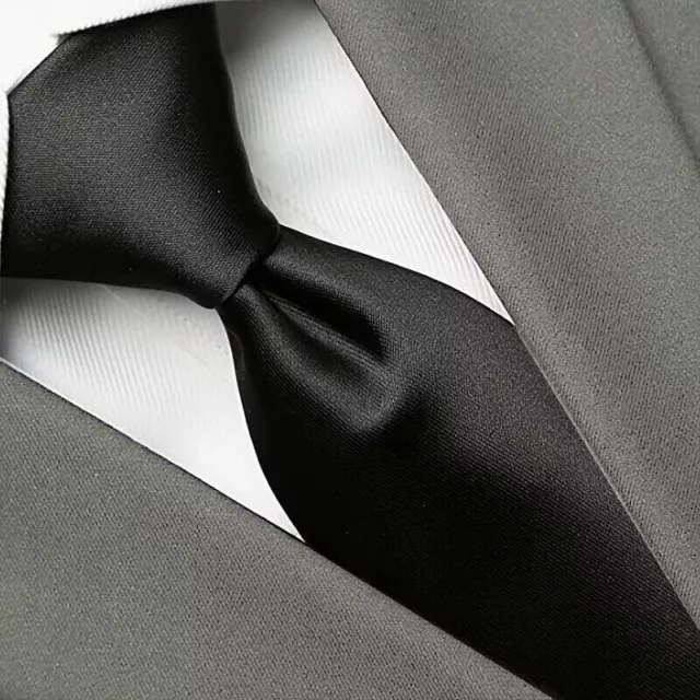 FUNERAL TIE | Classic Mens Formal Wedding Black Plain Solid Soft Satin Necktie