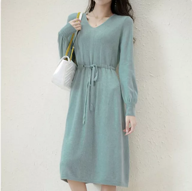 Women Knitted Midi Dress Jumper Long Sleeve Tunic Fit Flare Knitwear Casual Chic