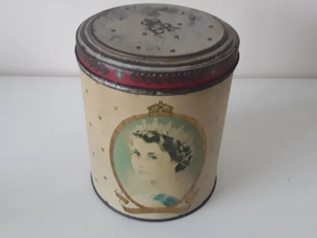 Vintage Queen Elizabeth II 1953 Coronation Tin - 5" round tin is worn condition
