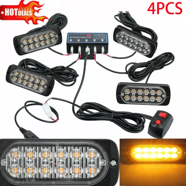 4x 12LED Amber Car Recovery Strobe Flashing Light Breakdown Grill Beacon 12/24V