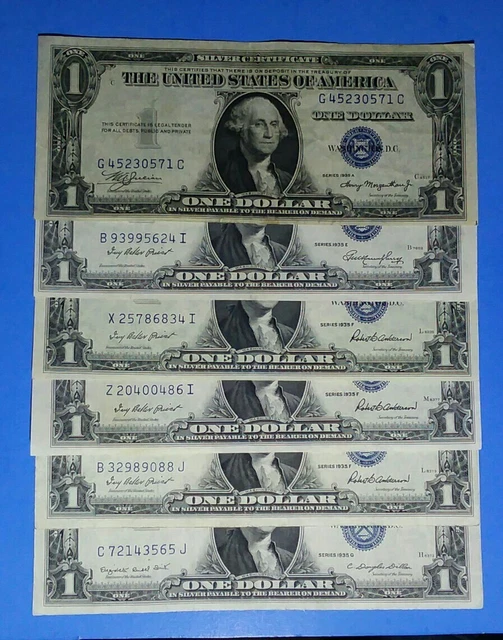 6 ~1935 A, E, F & G $1 Silver Certs! Vf. Fairly Crisp ! Old Us Currency! Nice!