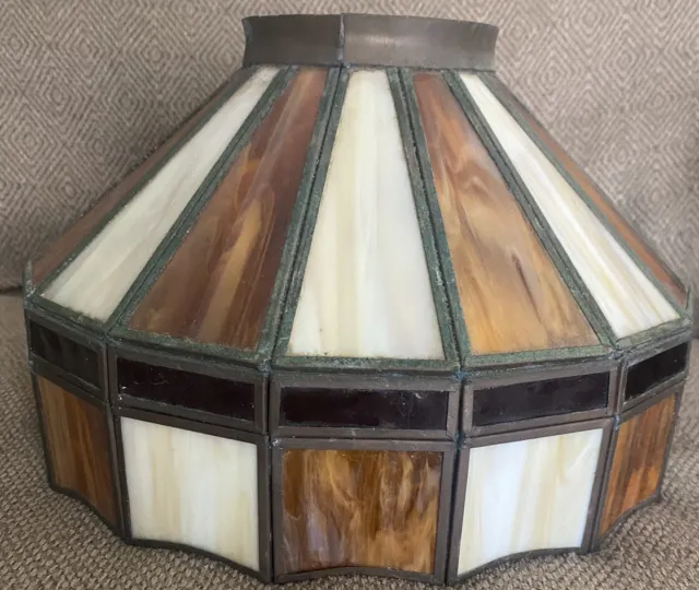 Vintage 11” Stained Slag Glass Pub Style Lamp Shade With Brass Framework 🆓📦