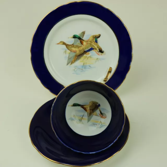 Aynsley Trio Cup Saucer & Plate Hand Painted Duck Design Vintage Cobalt Blue