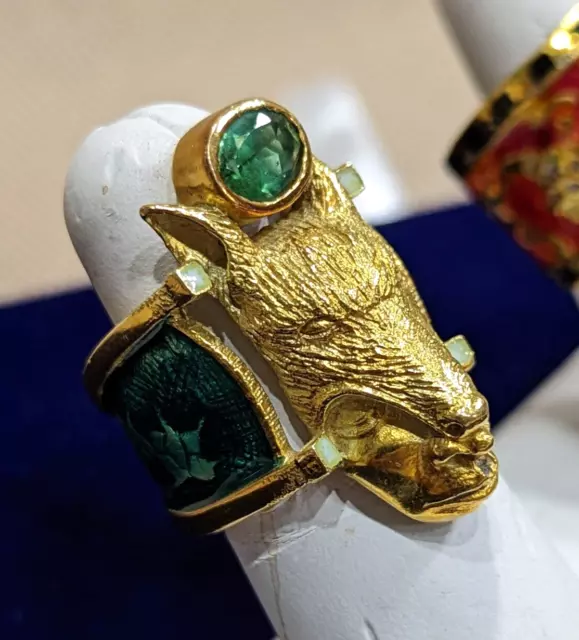 Designer Jaclyn Davidson 18K gold Ring, Emerald, Green Enamel Man with Wolf Mask