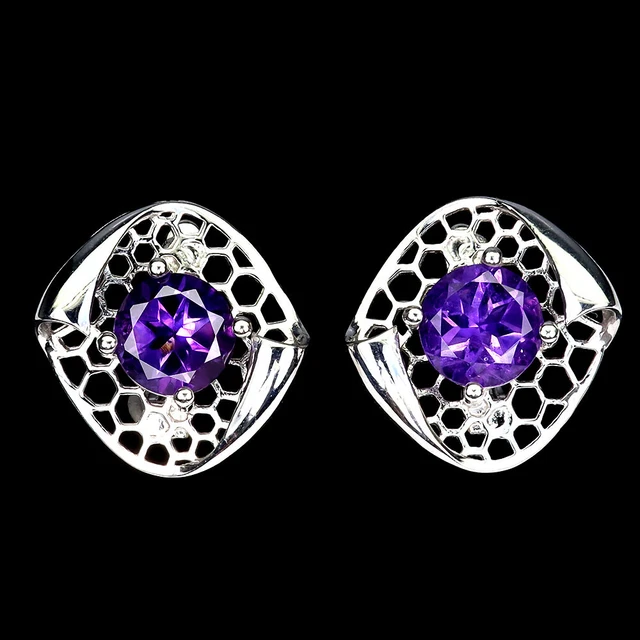 Unheated Round Amethyst 8mm 14K White Gold Plate 925 Sterling Silver Earrings