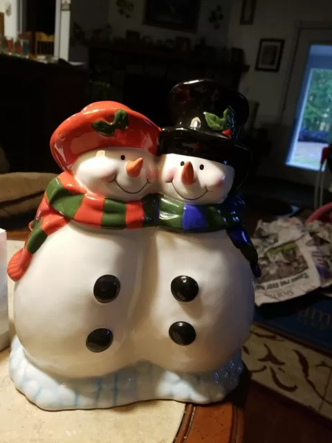 Snowman Couple Duo Cookie Jar Christmas Holiday Winter 11.5" Tall