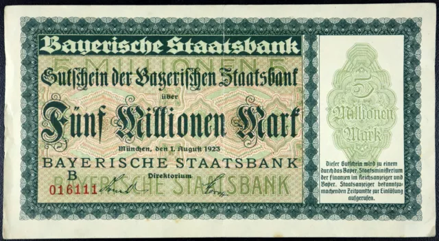 MÜNCHEN / MUNICH 1923 "Bayerische Staatsbank" X-Large 5 Million Mark Notgeld