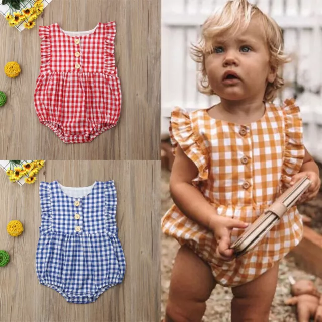 Newborn Baby Boys Girls Plaid Romper Flying Sleeves Jumpsuit Clothes Outfits