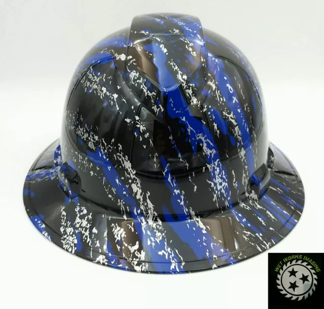 Hard Hat FULL BRIM custom hydro dipped , OSHA approved URBAN CAMO BLUE SPLASH