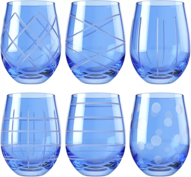 American Atelier Medallion Stemless Wine Glass Set of 6, 17 oz - Blue