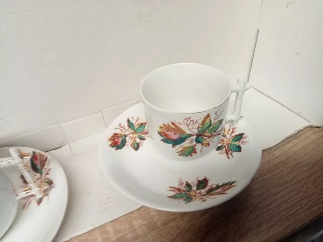 Lot De 2 Tasses Anciennes Avec Soucoupes À Décor De Fleurs Parfait État 3