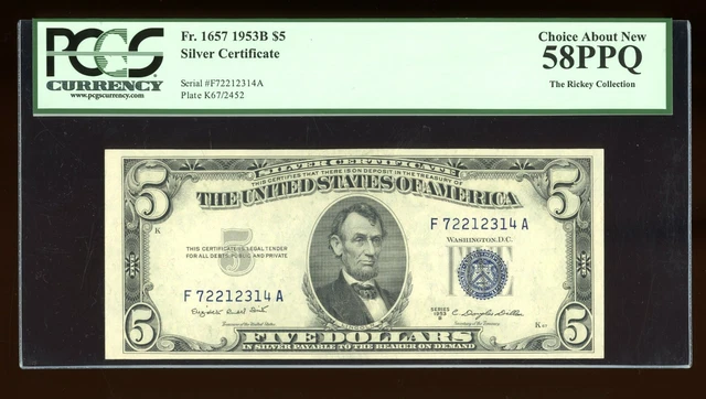 DBR 1953-B $5 Silver Fr. 1657 FA Block PCGS 58 PPQ Serial F72212314A