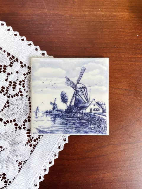 Delft Blue And White Tile Windmill Boats Docks Birds Dutch Holland Small 4”