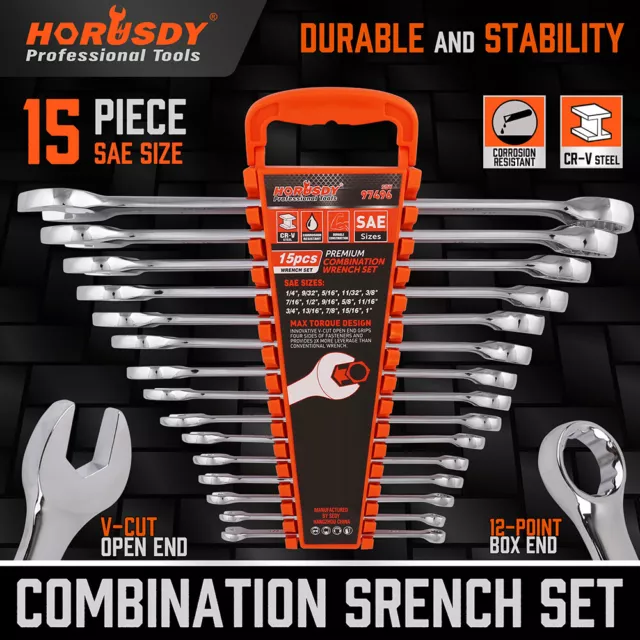 HORUSDY 15Pc Imperial Spanner Set Ring Open End Wrench SAE Spanners CRV 1/4"-1"