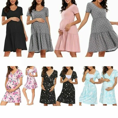 Pregnant Women Floral Dress Maternity Casual Skirt Short Sleeve Nursing Clothing