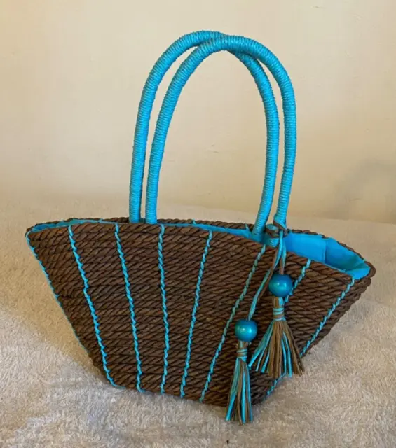 Sun n' Sand Naturally Woven Crochet Turquoise & Brown Shoulder Bag Tote