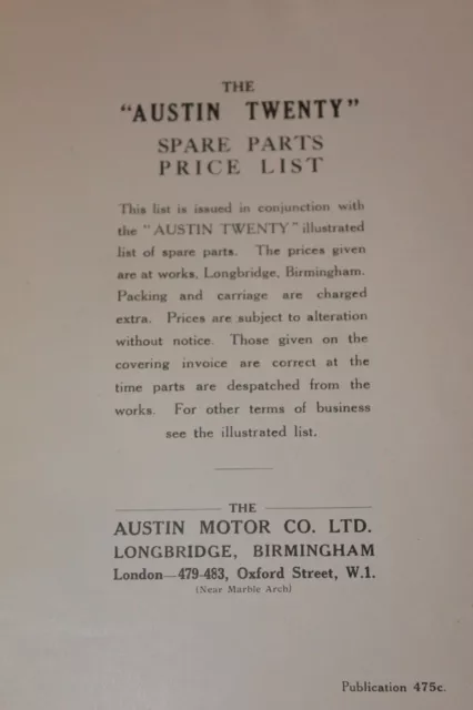 Austin Twenty Price List Of Spare Parts Publication 475C 2