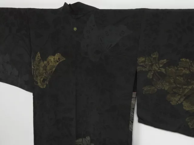 1018i07z530 Vintage Japanese Kimono Silk HAORI Black Butterfly