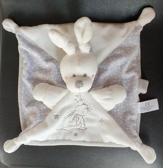 Neuf  Doudou Plat Lapin Blanc Gris Étoiles Simba Toys attache sucette tétine