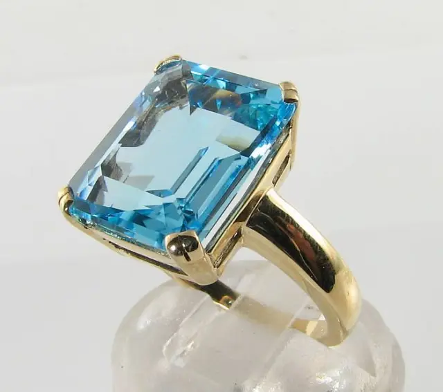 BIG 9K 9CT GOLD 15mm x 12mm BLUE TOPAZ ART DECO INS SOLITAIRE RING FREE RESIZE 3