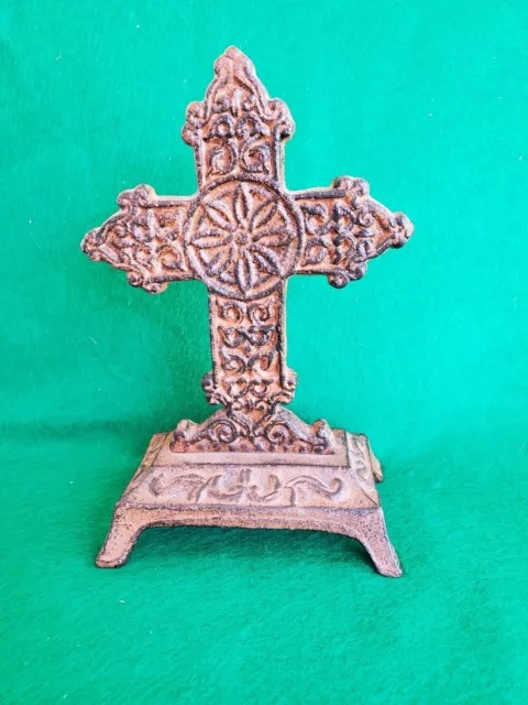 Vintage Self Standing Ornate Cast Iron Metal Cross Tabletop Decor 8" tall
