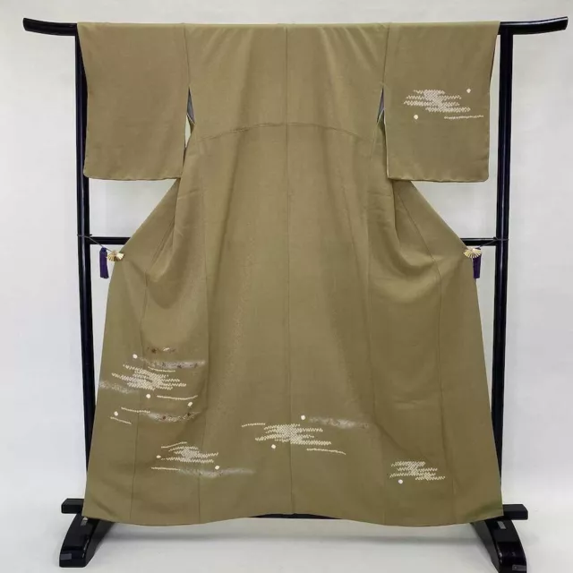 Japanese Kimono "HOUMONGI" "TUKESAGE"Silk M size A rank khaki green kimono 1159