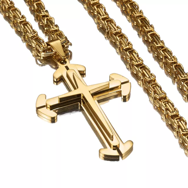 Womens Mens stainless steel Crucifix cross pendant necklace byzantine chain 22"