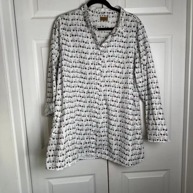 Tulip White  Button Down With Bicycle Print  Tunic W/ Pockets Top Size Large