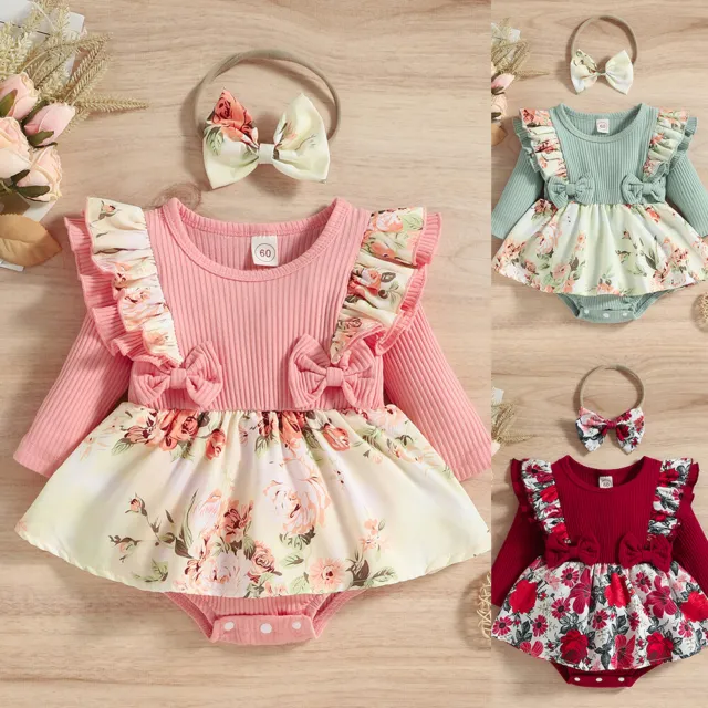 Newborn Baby Girls Ribbed Floral Long Sleeve Romper Dress Bodysuit+Headband Set