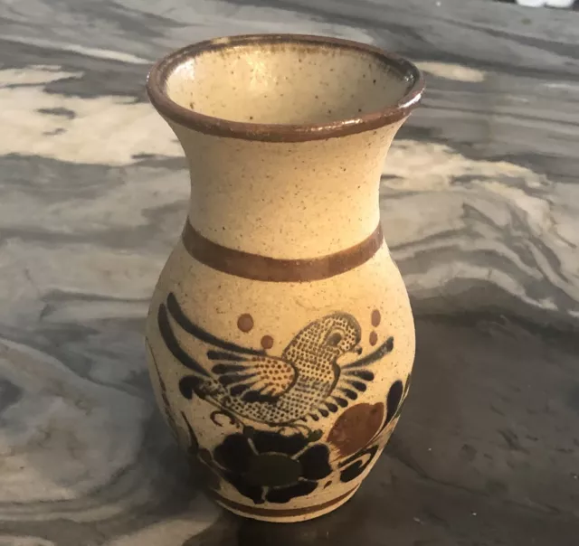 Tonala Stoneware Vase with Folk Art Bird and Flowers - Mexico 6”