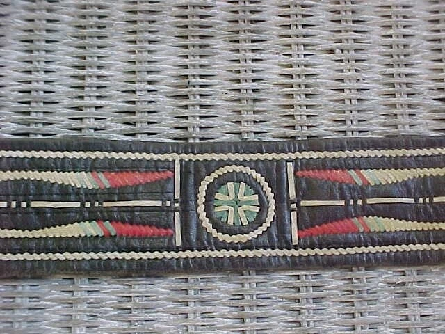 Native American Design 30" Leather Belt, Two Straps And Buckles, Green Red White