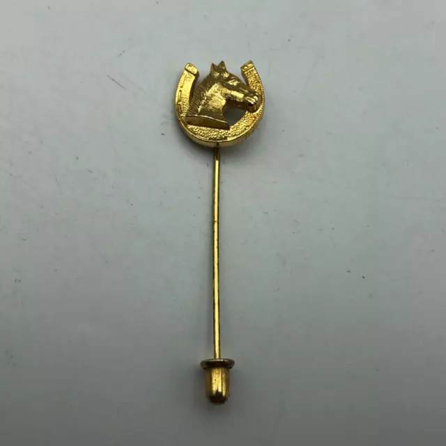 Horse Head Horseshoe Stick Pin Brooch Gold Tone Metal Stickpin Vintage Q5