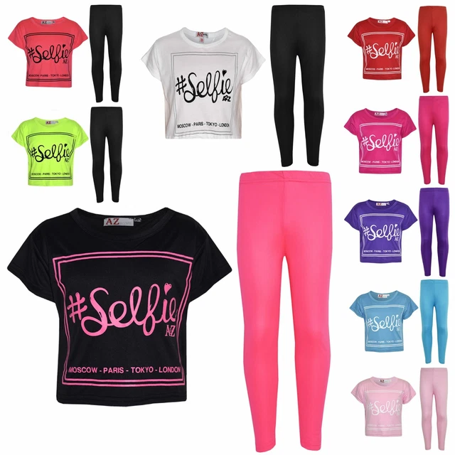 Girls Top Kids #Selfie Print Stylish Crop Top & Fashion Legging Set 7-13 Years