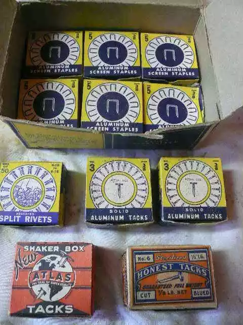 Vintage Boxes Of Tacks Carpet Shoe Thumb Nails Staples & Other Fasteners