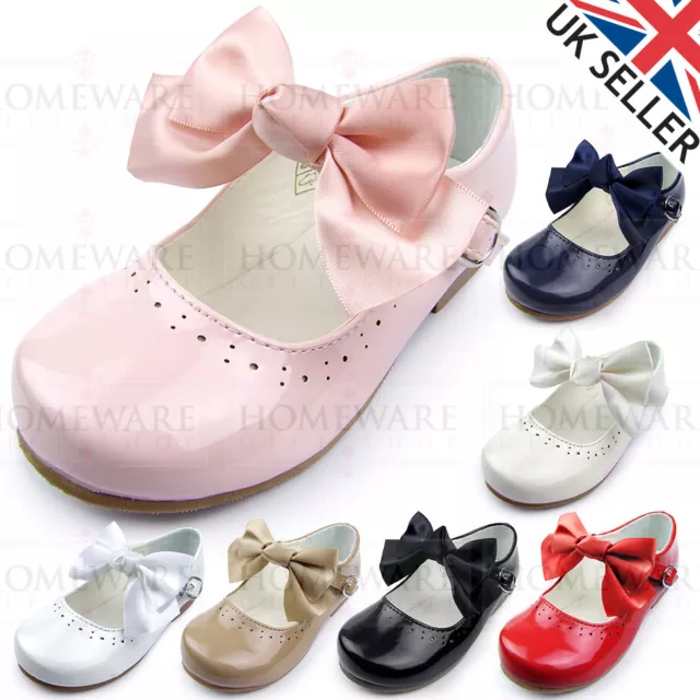 Girls Bow Shoes Spanish Style Mary Jane Patent Pink White Ivory Navy Camel Uk4-2