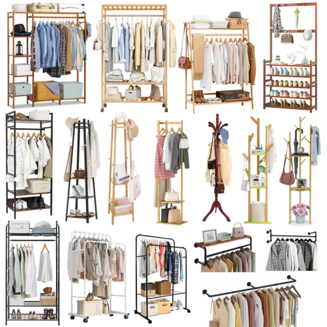 Metal/ Wood Coat Rack Stand Clothes Hanging Rail Rack Shelf Closet Portable Use