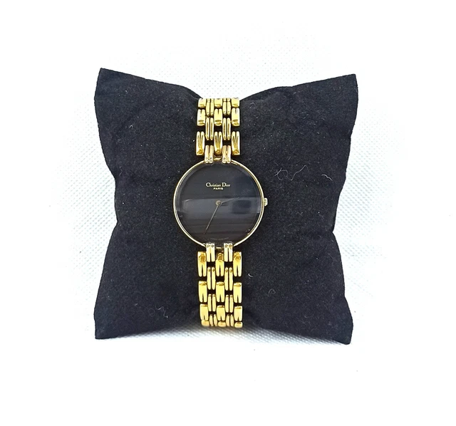 Golden Christian Dior Paris Watch Vintage Wristwatch Luxur Round Black Dial 12