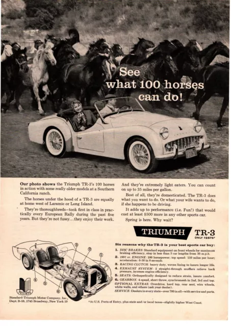 1960 Standard Triumph TR3 Convertible Wild Mustang Horses 100 HP Print Ad