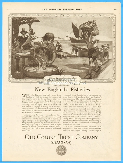 1920 Old Colony Trust Company Boston MA New England Fisheries Great Art Ad