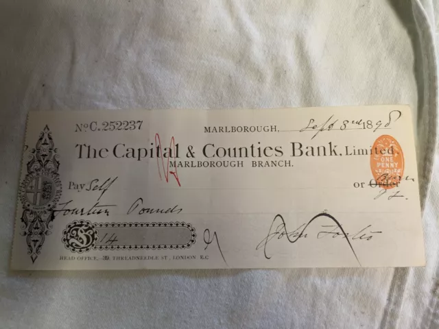 Old Capital & Counties Bank Limited Cheque dated September 1898