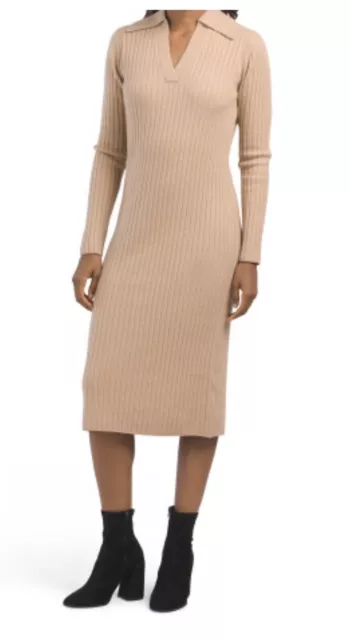 NWT ELIE TAHARI Wool And Cashmere Blend Ribbed Polo Sweater Dress Small