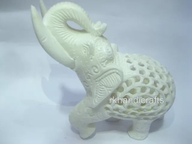 8 Inches White Marble Up Trunk Elephant Statue Filigree Work Decorative Elephant