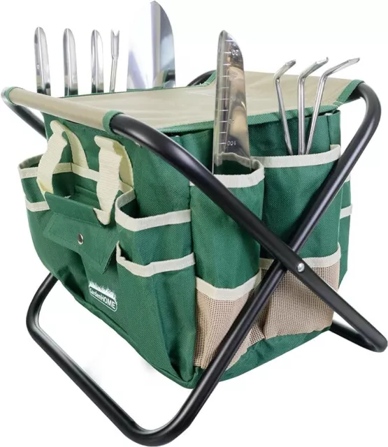 Garden Tool Set, Stainless Steel 7 Piece Tool Set, Heavy Duty Folding Stool